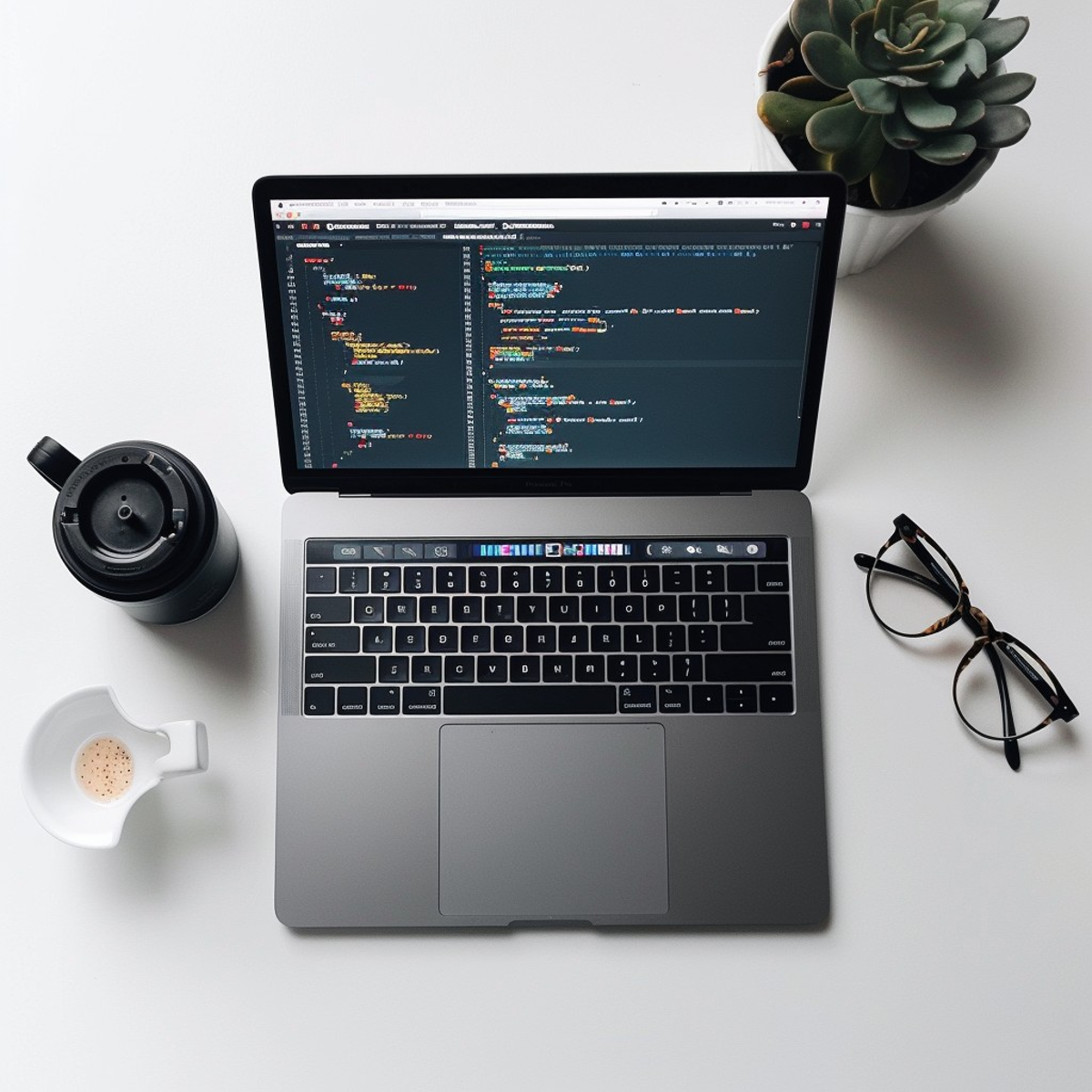 Laptop with code and a coffee next to it