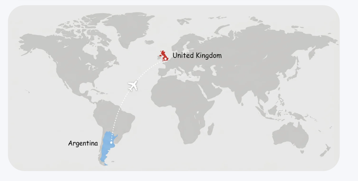 Map showing Argentina and the United Kingdom